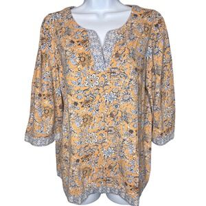 J. Jill Womens Mustard Yellow Floral Cotton Split Neck Tunic Top Sz M